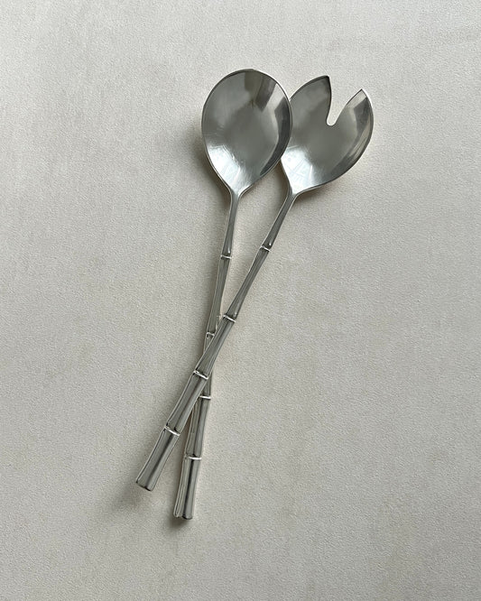 Close-up view of the unique bamboo-style handles on the Italian silver-plated salad servers, showcasing exquisite craftsmanship.