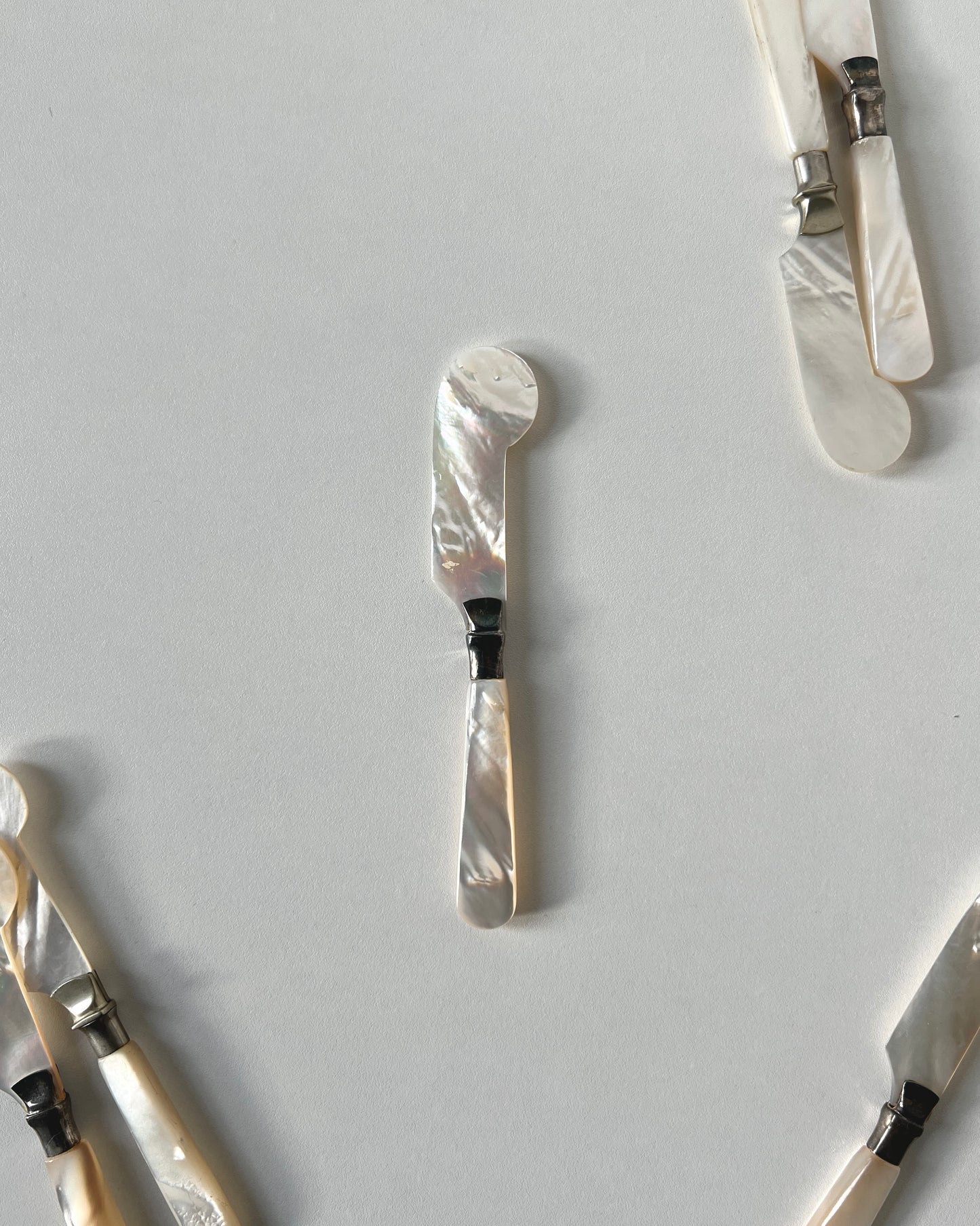 The complete mother-of-pearl caviar dish and knife set presented as an extravagant and timeless luxury gift for a wedding or anniversary.