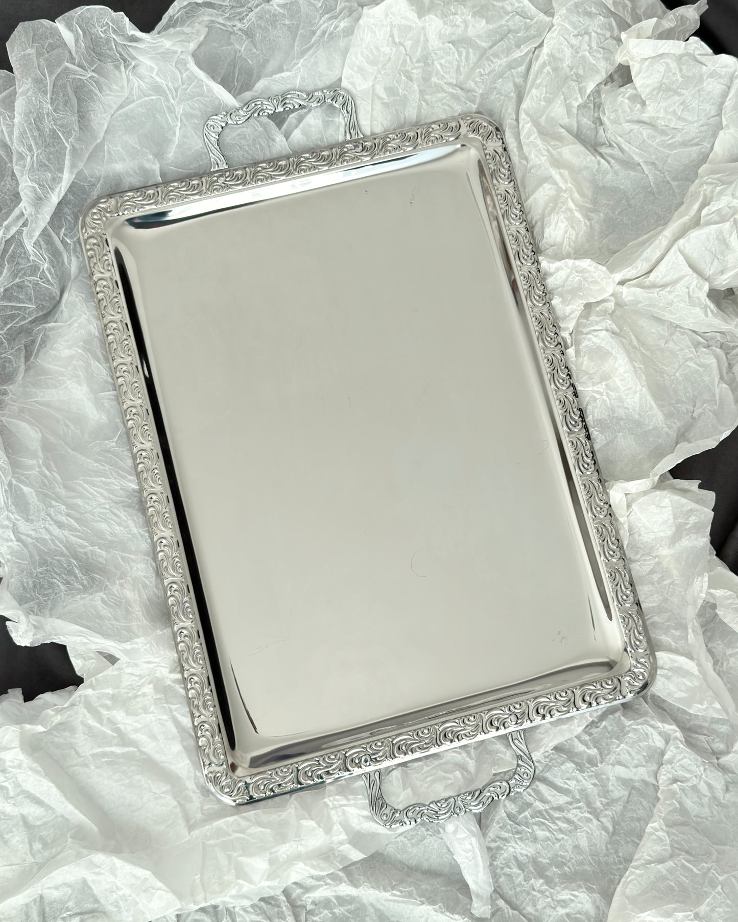 A long perspective view of the nearly 60cm vintage stainless steel tray, highlighting its substantial size and extra-large surface area for hosting large gatherings.