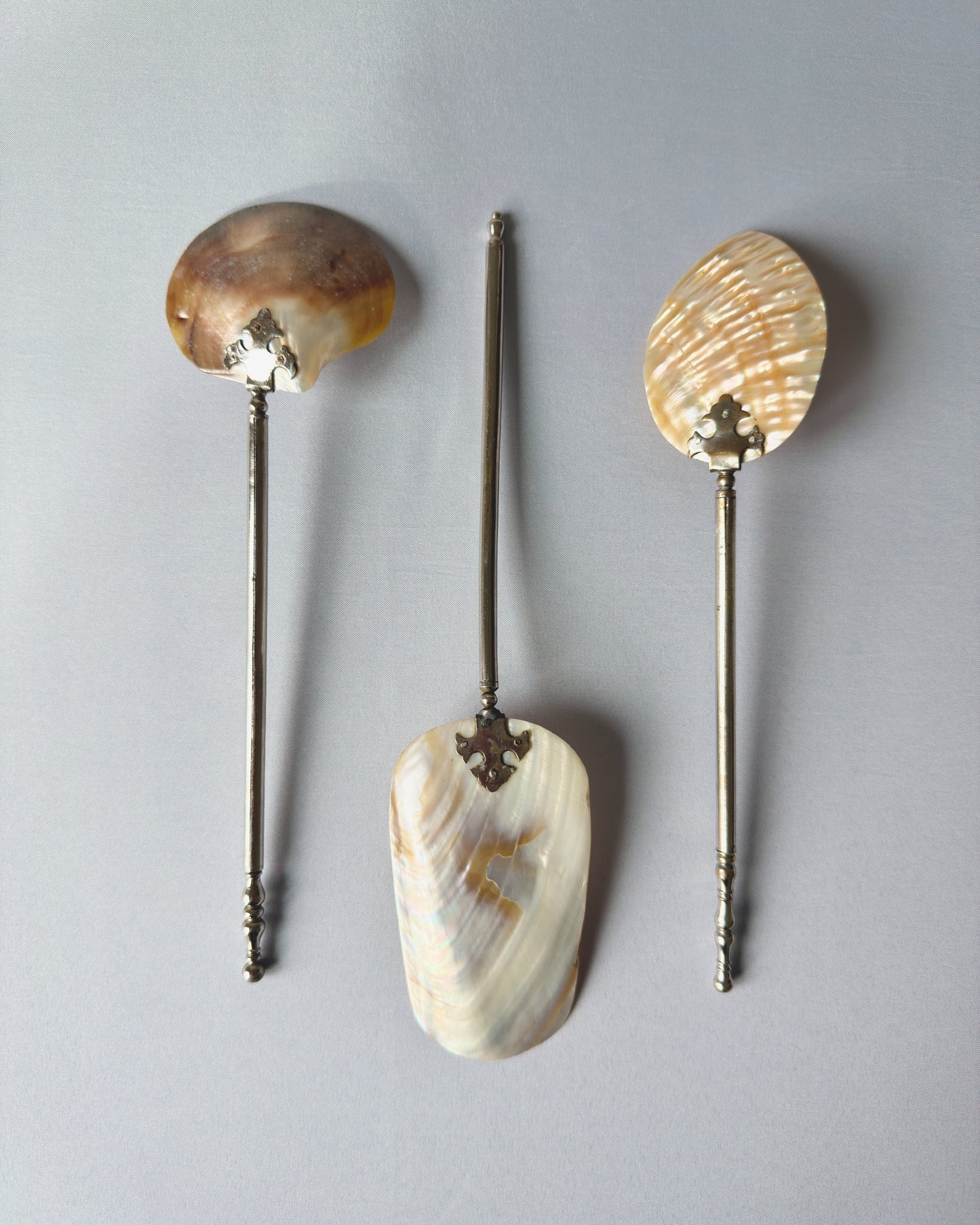 The wide-blade cake server and tapered pastry server from the antique mother-of-pearl collection, showcasing the elegant silver-tone handle transition.