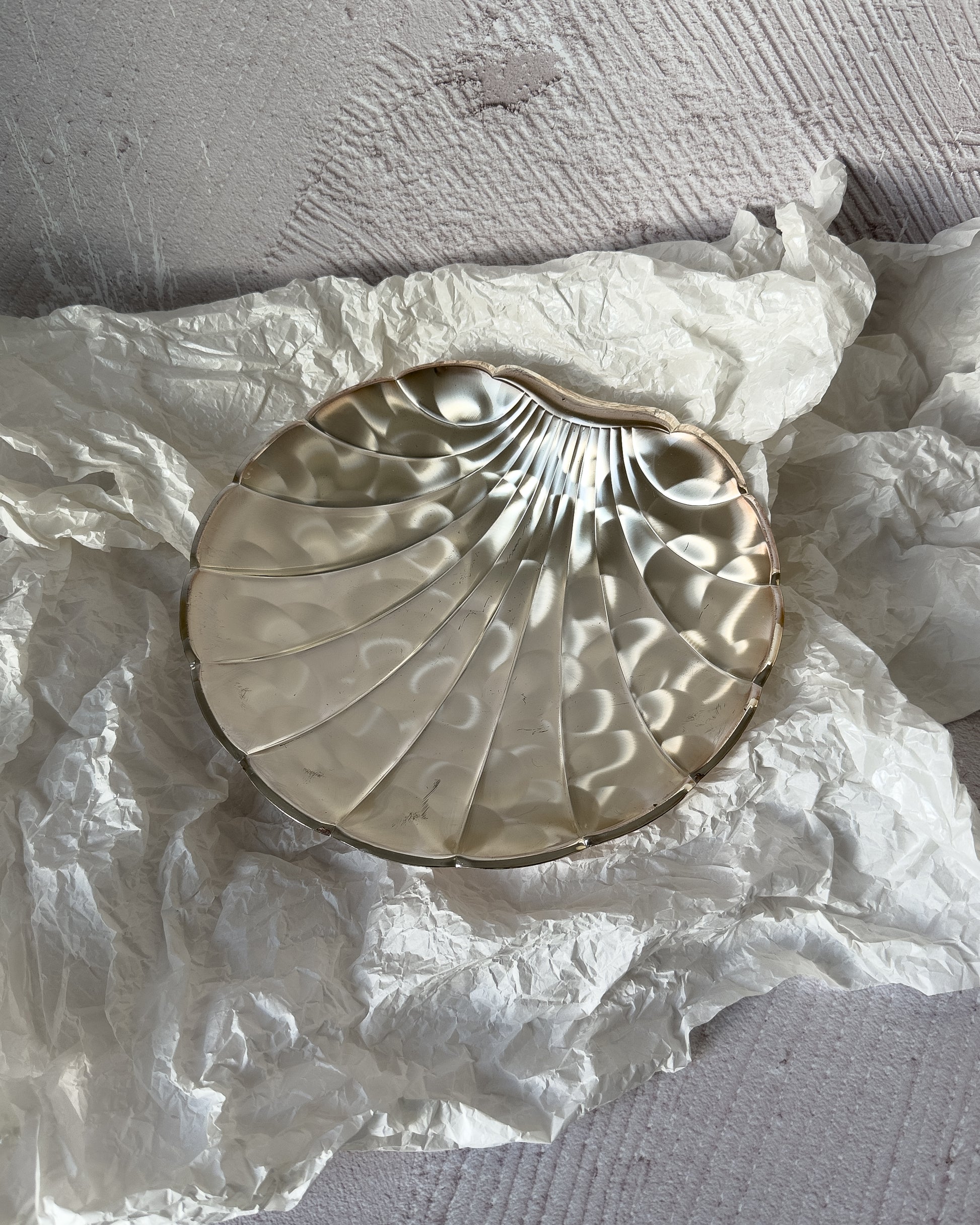 Detailed view of the deep radiating ribs on the BMF silver shell dish, highlighting the mesmerizing bubble-like light reflections on the surface.