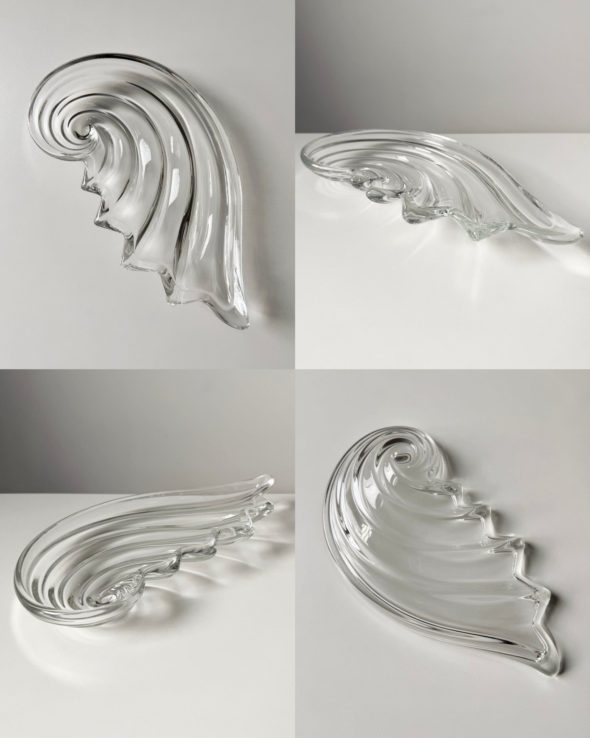 A side-profile shot of the massive shell tray, emphasizing its sculptural organic form and its presence as a significant decorative art object.