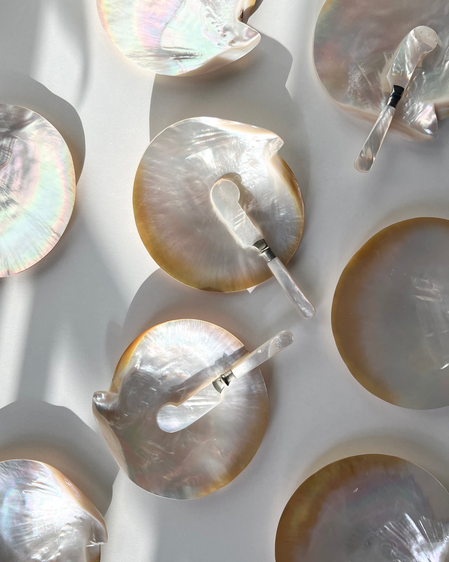 The mother-of-pearl shell dish being used as a high-end server for black caviar, embodying timeless elegance and opulent style.