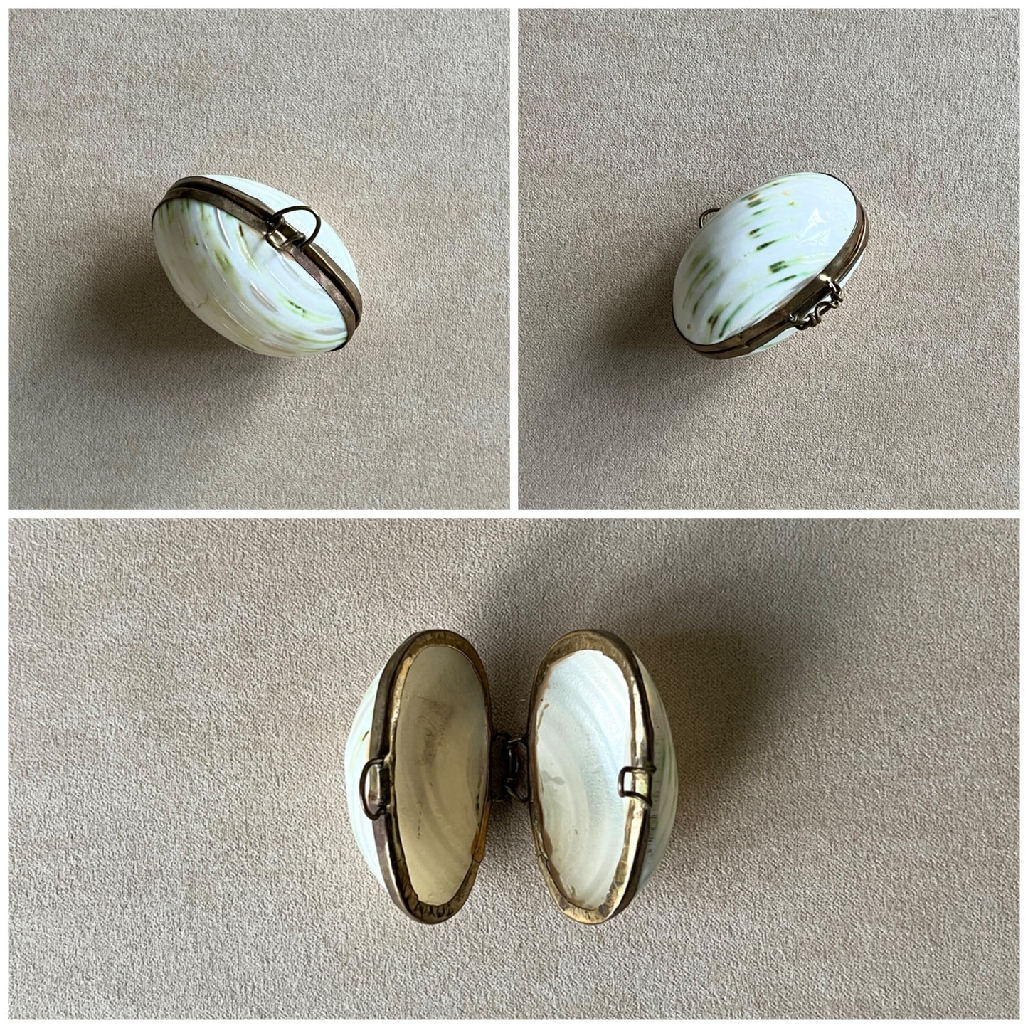 A photo collage of a polished Turban shell trinket box, emphasizing the pearlescent texture and compact size ideal for storing earrings or pills.
