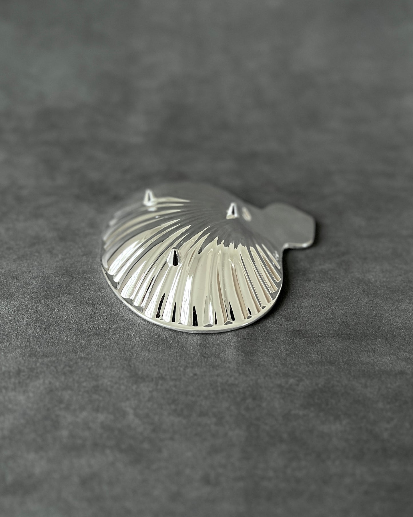 Side view of vintage silver shell dish, capturing its curved profile and reflective scallop design from a low angle.