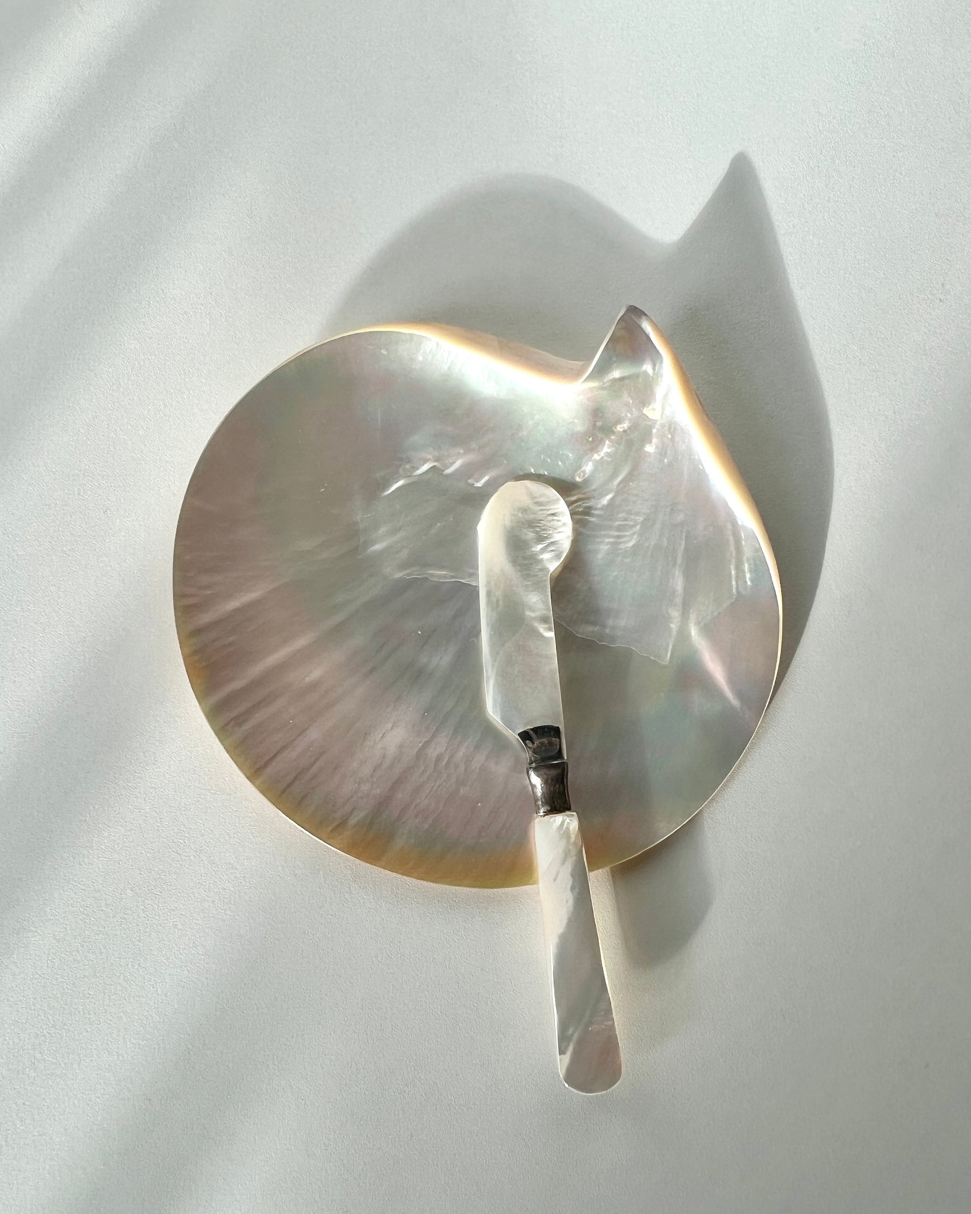 An elegant detail shot of the vintage pearl knife resting inside the natural shell platter, showcasing the perfectly matched luxury set.