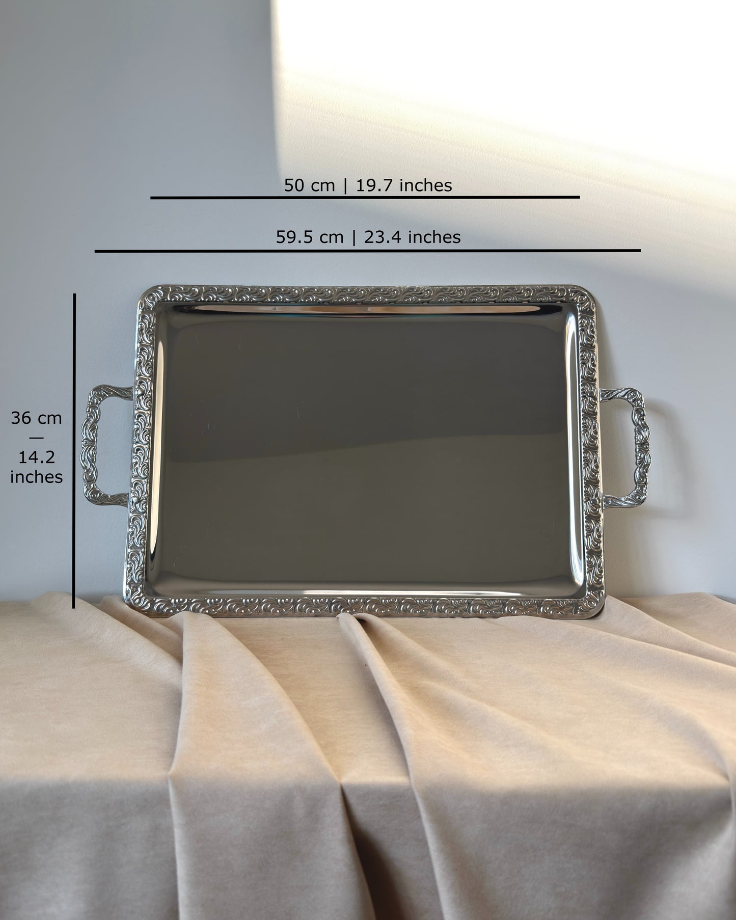 The large rectangular serving tray, showing the high-quality metal construction and the dimensions.